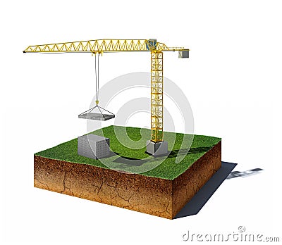 dirt cube with crane and concrete blocks isolated on white background Cartoon Illustration