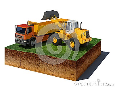 Dirt cube with truck loading on white background Cartoon Illustration