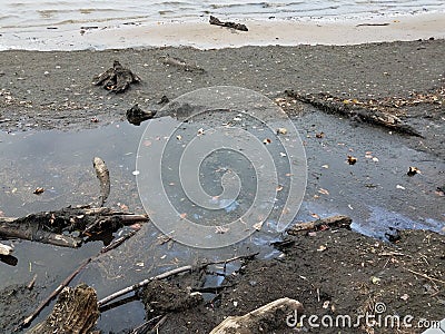 Dirt, debris, and oil and water and sand on shore Stock Photo