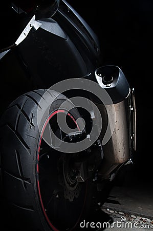 Dirt on exhaust of touring motorcycle Stock Photo