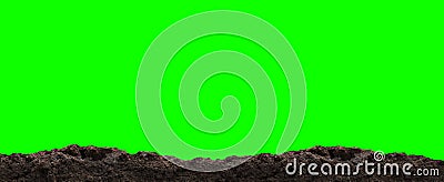 Dirt heap, soil pile on green for green screen background, horizontal dirt, black soil for construction and gardening concept, Stock Photo