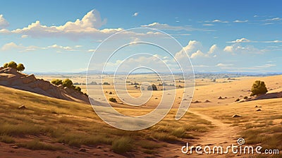 Delicately Rendered Desert Landscape With Mountains And A Dirt Road Cartoon Illustration