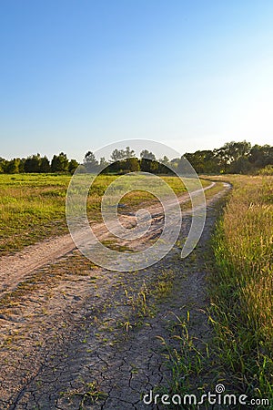 Dirt road in the field. Evening rural landscape. Russia Stock Photo