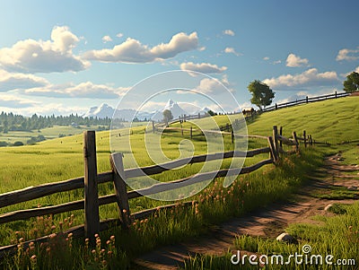 A dirt road through a grassy field with a fence Stock Photo