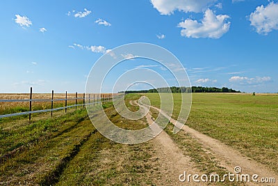 Dirt road in a green field along a fence Stock Photo