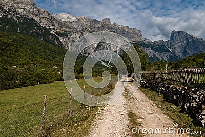 Dirt road in Theth National Park, Albanian Alps, North Albania Stock Photo