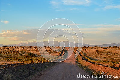 Dirt road vanishing into the distance towards the Santa Fe mountains over gently rolling hills through juniper pinion and cholla Stock Photo