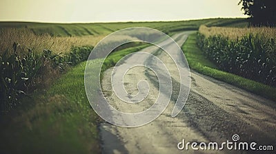 a dirt road winding through a tall green cornfield on a sunny day Stock Photo