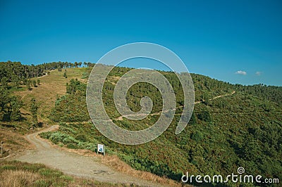 Dirt roads on hilly terrain covered by bushes and trees Stock Photo