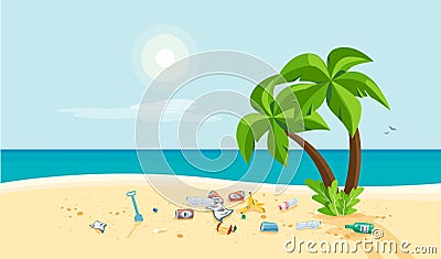 Garbage Pollution Trash on the Sea Sand Beach Vector Illustration