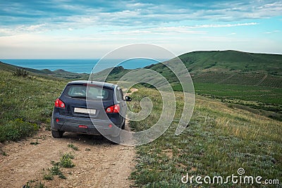 Dirty car crossover. Fields with vineyards. Stock Photo