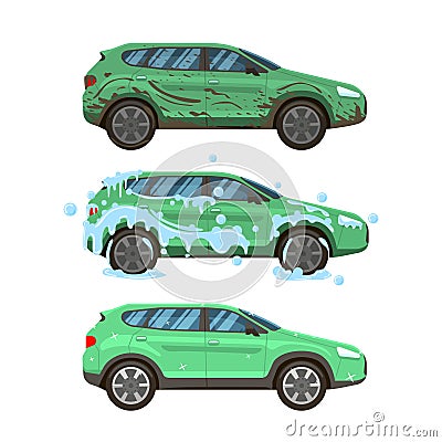 Dirty car wash. Messy city traffic automobile, steps of cleaning car wash from dirty and muddy to neat and clean vector Vector Illustration