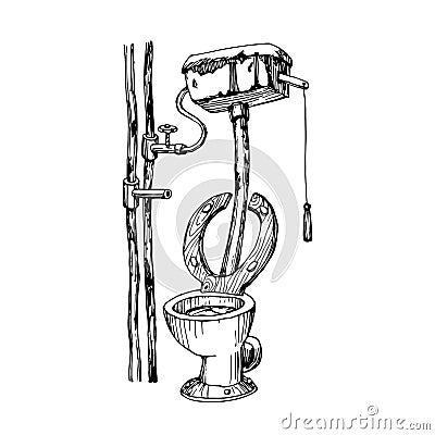 Dirty ceramic toilet with a drain tank and a wooden seat. Rusty plumbing system. Vector Illustration