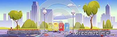 Dirty city park with trash bins and litter Vector Illustration