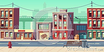 Dirty city street, empty ghetto slum neighborhood Vector Illustration