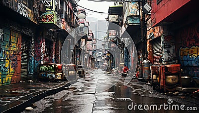 Dirty city streets, crowded with graffiti, showcase urban chaos generated by AI Stock Photo