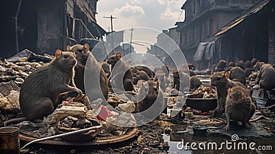Dirty city streets, lots of rats eating leftover food, piles of rubbish, small and large rats , Generate AI Stock Photo