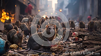 Dirty city streets, lots of rats eating leftover food, piles of rubbish, small and large rats , Generate AI Stock Photo