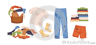 Dirty and clean clothes flat vector illustrations set. Laundry collection. Pile of washed clothing, apparel with stains Vector Illustration