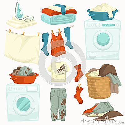 Dirty and clean laundry washing machine and iron stains on clothes Vector Illustration