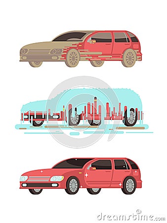 Dirty and clean shine car. Washing stages vector set Vector Illustration