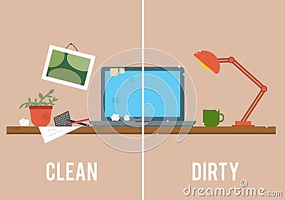 Dirty and clean work table. Vector Illustration