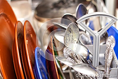 Dirty dishes in the dishwasher Stock Photo