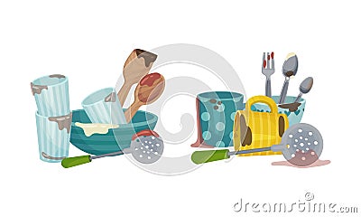 Dirty dishes set. Restaurant or household kitchenware utensils, unwashed glasses, mugs and kitchen tools vector Vector Illustration