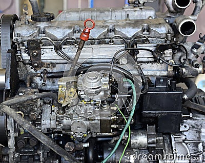 Dirty and dusty old car engine Stock Photo