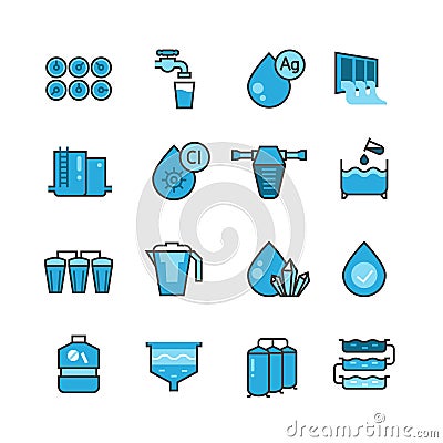 Dirty effluent water treatment plant and water filter for sewage sludge vector icons set Vector Illustration