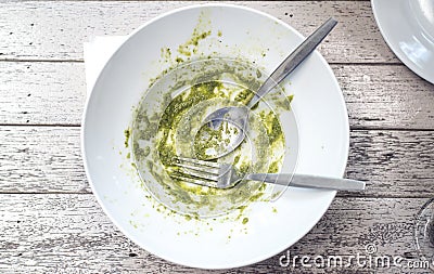 Dirty and empty dishes with spoon and fork Stock Photo