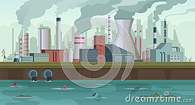 Dirty factory. Trash and smoke from urban factory production river pollution city smog in sky concept background Vector Illustration