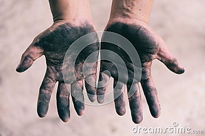 Dirty hands worker hands man - Open hands stained Stock Photo