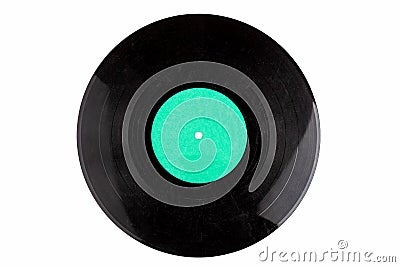 Dirty heavily scratched destroyed vinyl record template, disc with a empty, blank light blue label isolated on white, copy space Stock Photo