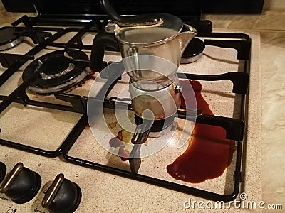 Dirty hob of coffee and coffee maker Stock Photo