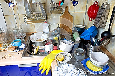 Dirty kitchen unwashed dishes Stock Photo