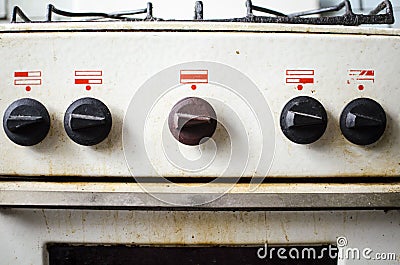 Dirty kitchen. Unsanitary conditions. Old gas stove in emergen Stock Photo