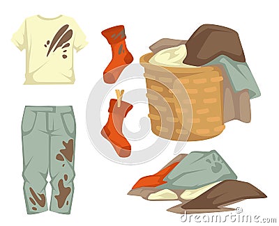 Clothes or dirty laundry stains on garments towels and stocking Vector Illustration