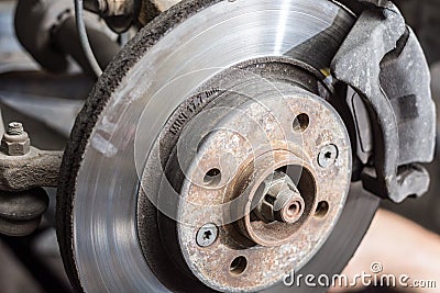 Dirty old used disc brake changing Stock Photo