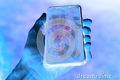 Dirty phone screen with invisible germs shown in contrast Stock Photo