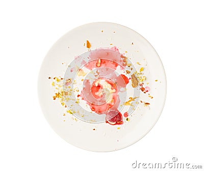 Dirty Plate Isolated, Empty Bowl after Dinner, Finished Lunch, Oil and Smeared Sauce on White Plate Stock Photo