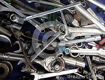 Dirty set of hand bunch of messy tools in the garage Stock Photo