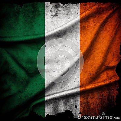 Dirty shabby Irish flag. Crumpled Ireland flag isolated on black background Stock Photo