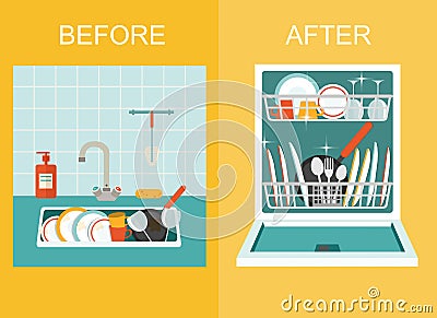 Dirty sink with kitchenware, utensil, dishes, dish detergent and a sponge.Open dishwasher with clean dishes. Flat vector Vector Illustration