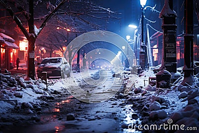 Dirty slum in a poor area of the city, snow covered street in the suburbs in winter on New Year's Eve, AI Generated Cartoon Illustration