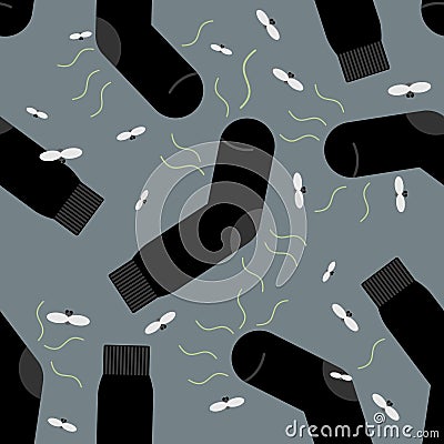 Dirty smelly sock seamless pattern. Bad smell and flies. Vector Vector Illustration