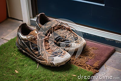 dirty soccer cleats on a sports-themed door mat Stock Photo