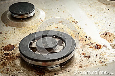 kitchen gas stove Dirty stained surface need cleaning Stock Photo