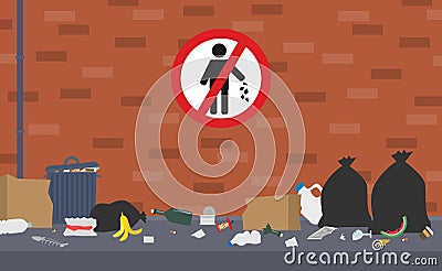 Dirty street trash can bags plastic glass food waste no litter sign on brick wall Vector Illustration