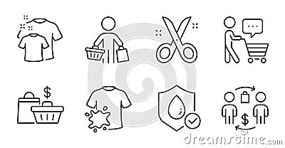 Dirty t-shirt, Buying process and Sale bags icons set. Buyer, Waterproof and Clean t-shirt signs. Vector Vector Illustration